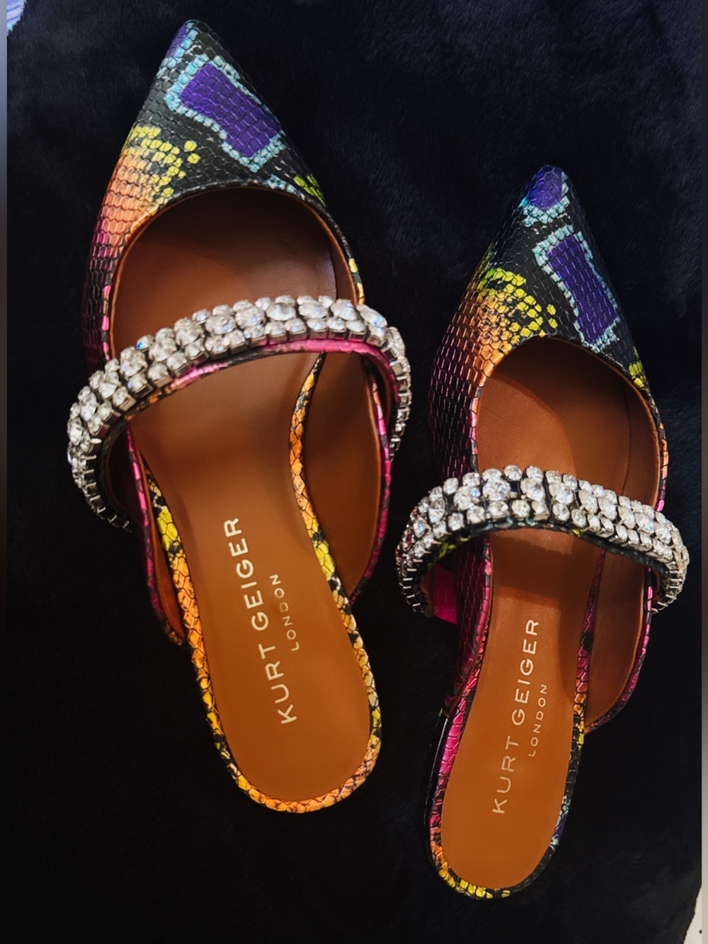 Kurt Geiger Rainbow Snakeskin Embossed Rhinestone Mule